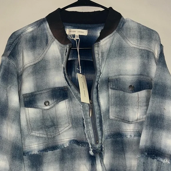 Gilded Intent Distressed Blue Checkered Denim Jacket medium NWT - Picture 5 of 8